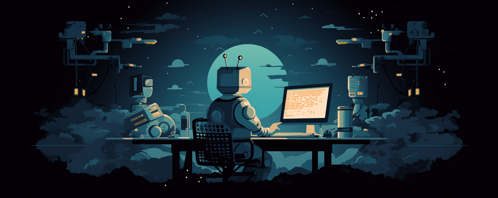 illustration of robot working on a computer in the clouds