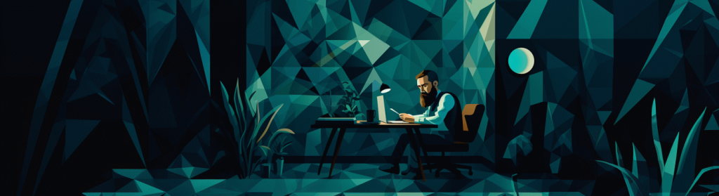 A bearded man writing something in an office