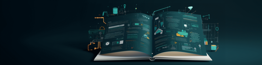 Illustration of an open book showing technical diagrams