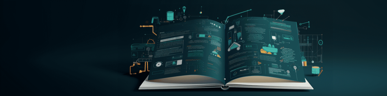 Illustration of an open book showing technical diagrams