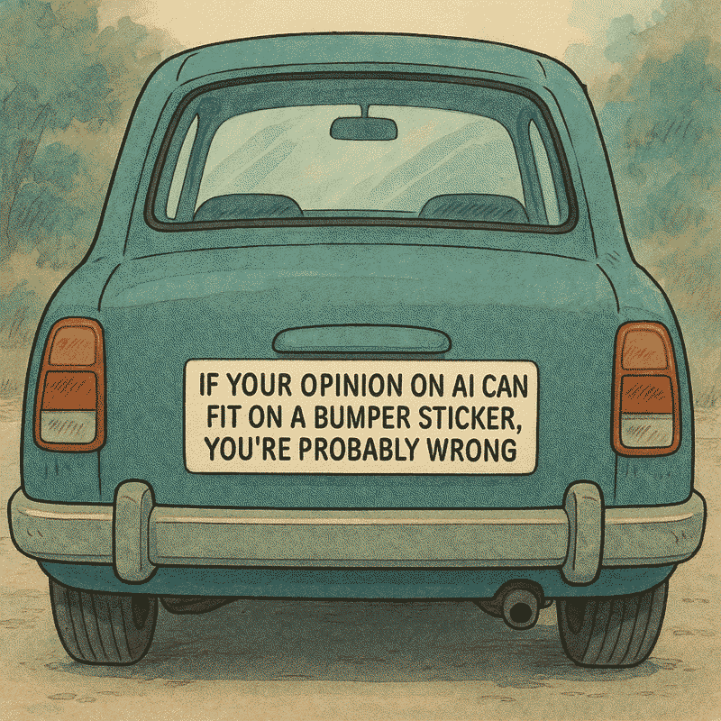 Image of a car with a bumper sticker "If your opinion on AI can fit on a bumper sticker, you're probably wrong." (yes, AI generated)