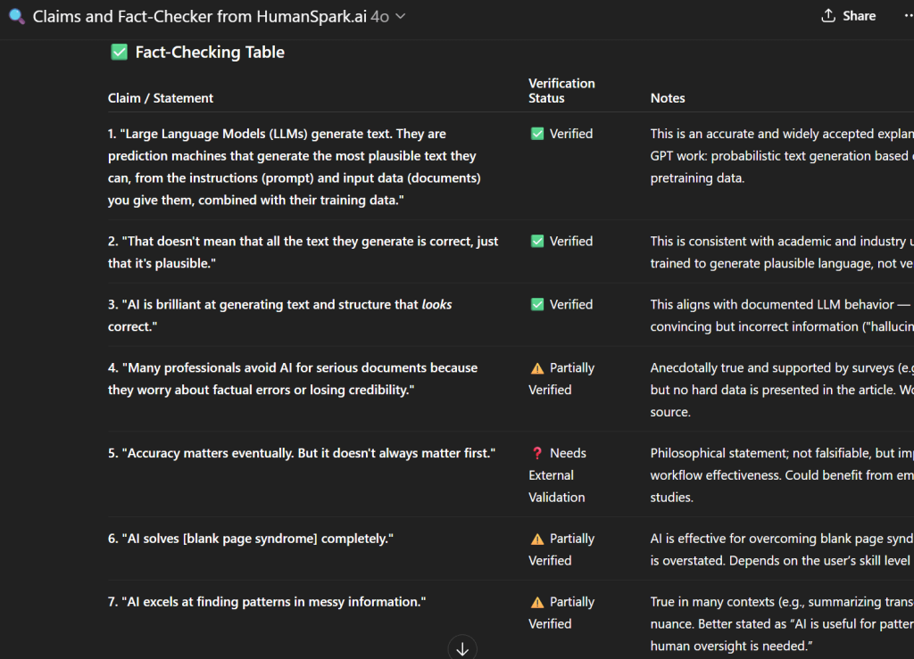Screenshot from my AI fact checking tool run on a draft of this blog post
